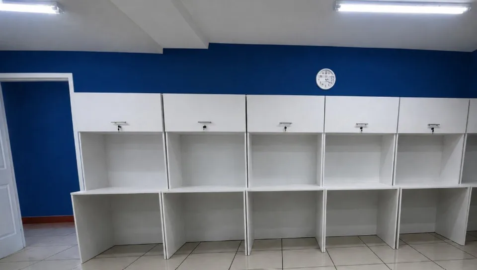 Módulos blancos de oficina con compartimentos de almacenamiento