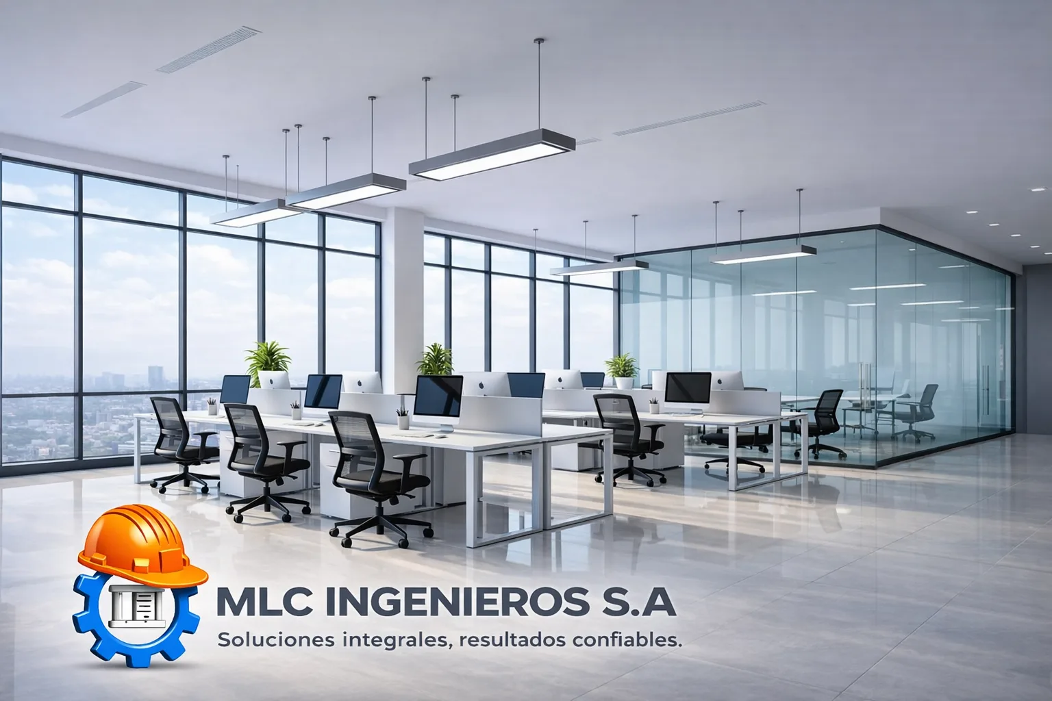 Oficina equipada con estaciones de trabajo, sillas e iluminación en una imagen de MLC Ingenieros
